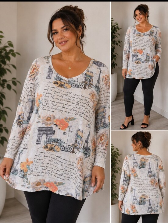 Tops - Women’s Long Sleeve V-Neck Floral Script Tunic Top - Cream/Orange